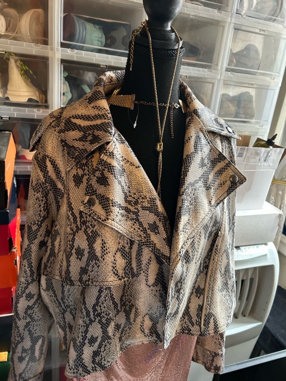 Jennifer Lopez Snake-Print Leather Biker Jacket - Black & Cream
